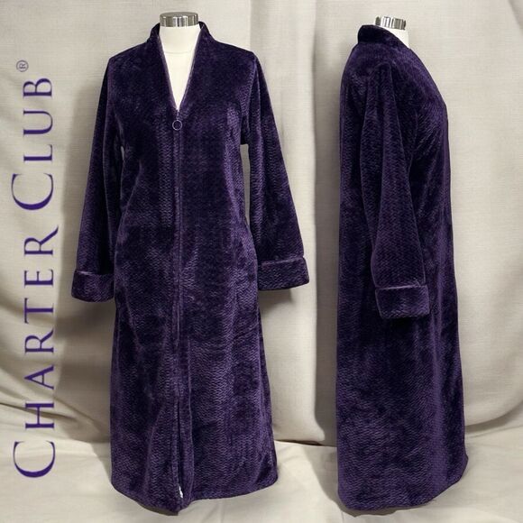 Charter Club Women’s Plush Zig Zag Zipper Robe in the Size Large in Deep Purple - Picture 2 of 16